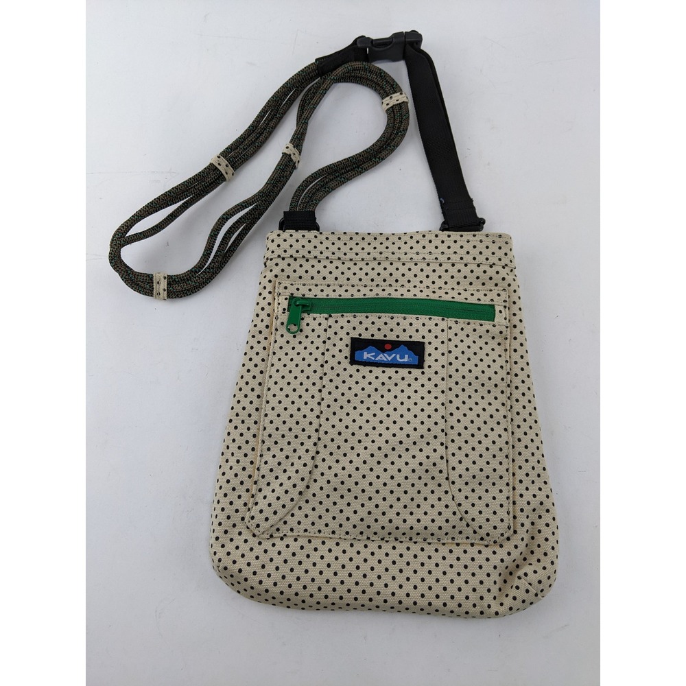 KAVU Polka Dot Rope Bag Crossbody Green Zip Pocket Travel Purse Cotton